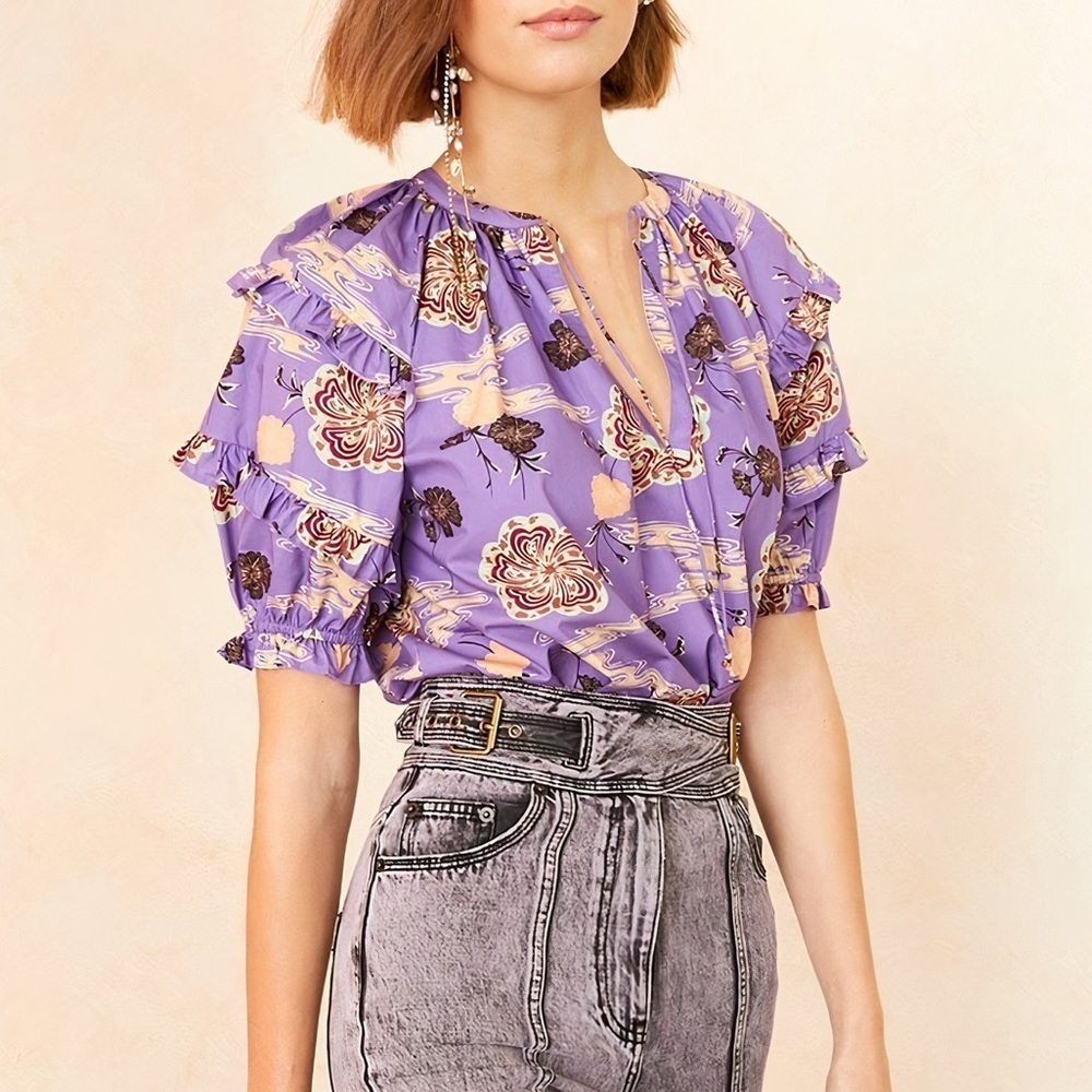 Ulla Johnson Purple Floral Ruffle Sleeve Blouse